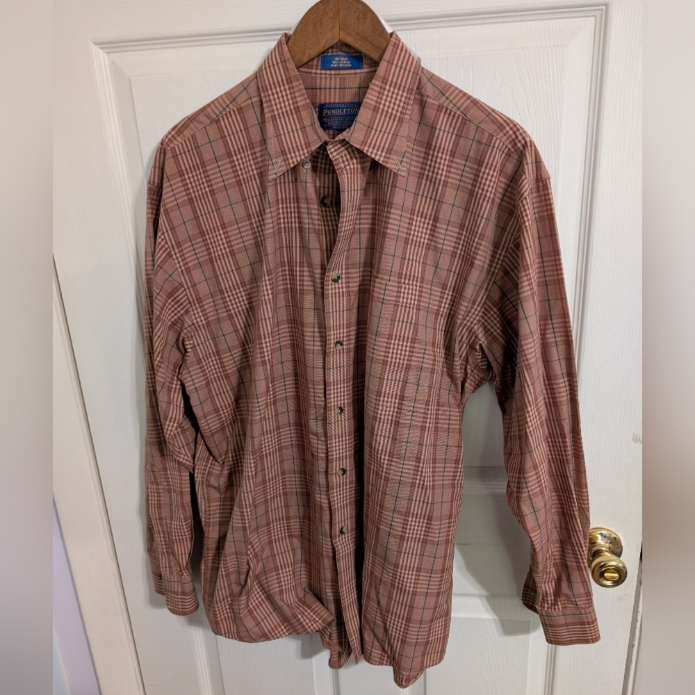 Pendleton Mens Shirt Plaid Brown Cotton Long Sleeve Button Down Size Large